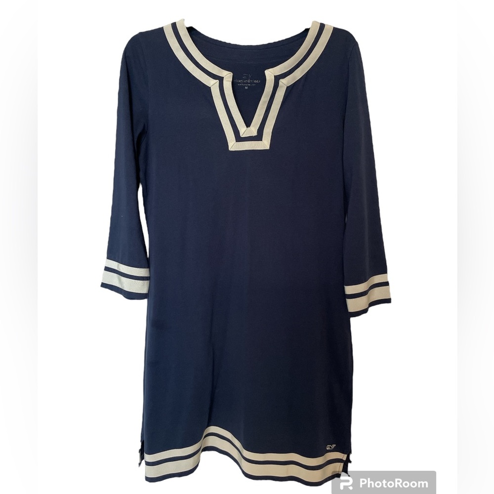 VINEYARD VINES GROSGRAIN RIBBON
TRIMMED BLUE SHEATH DRESS